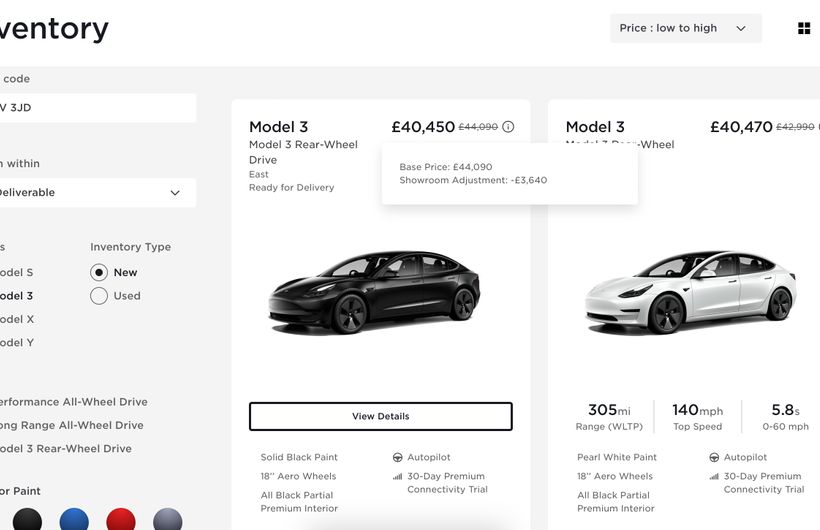 Tesla with discounts screengrab from 8th March 23